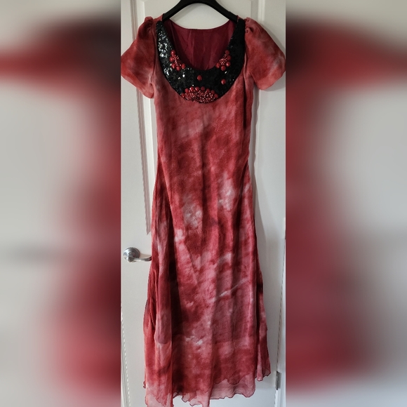 Custom Made‎ Womens Sequined Beaded Neckline Long Red White Sheer Dress - Picture 1 of 7